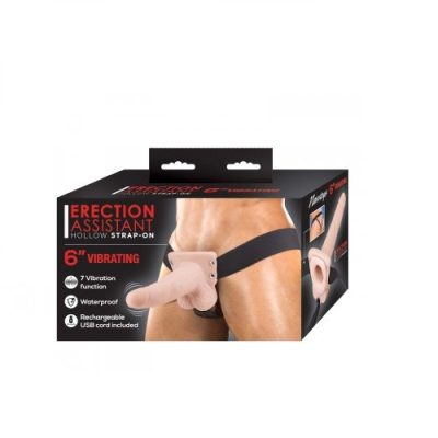 Erection assistant hollow strap-on 6″ vibrating-white